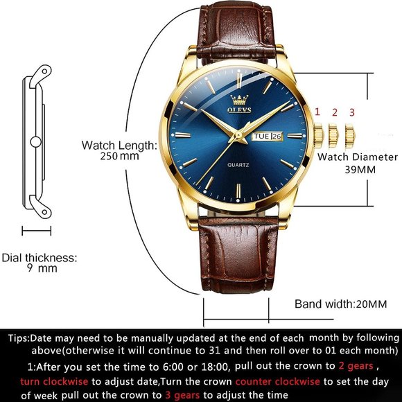 Olevs Men Brown Leather Waterproof Luminous Quartz Watch - Picture 8 of 13